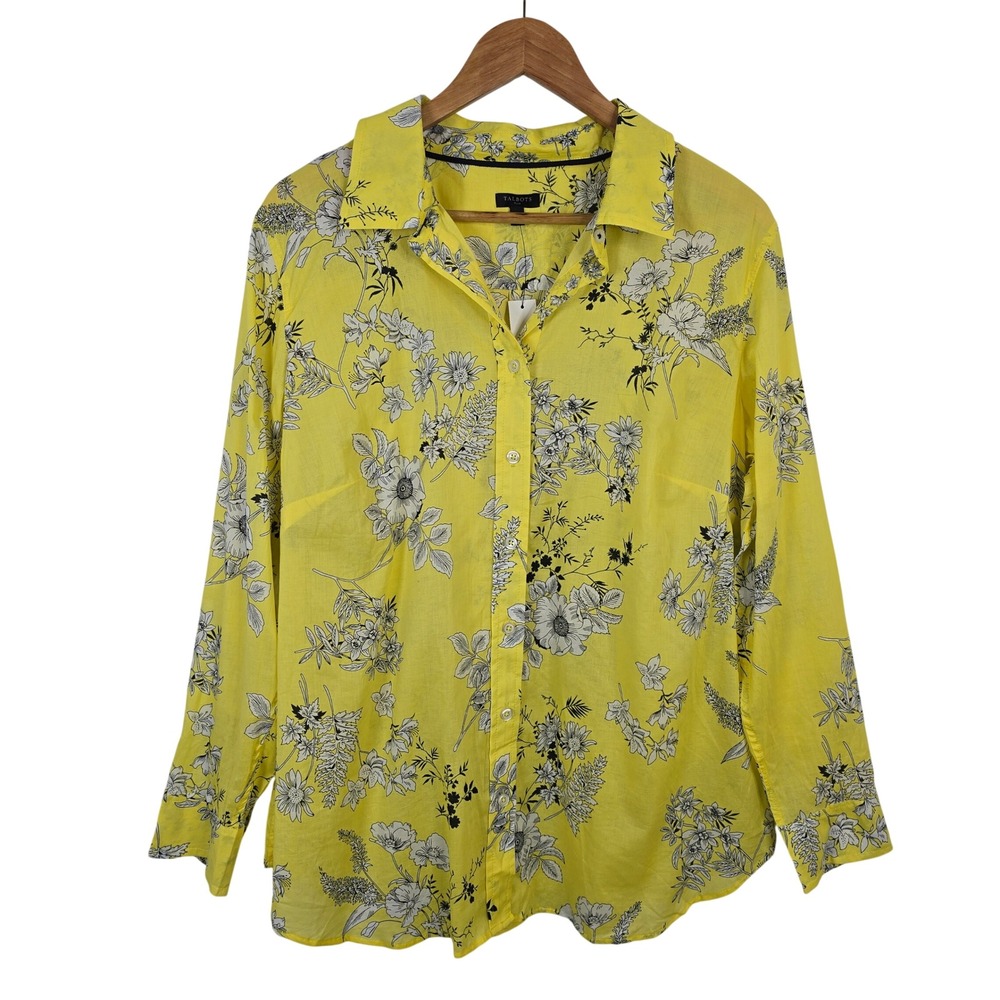 Talbots Plus 1X Yellow Floral Cotton Long Sleeve Button Up Shirt NWT